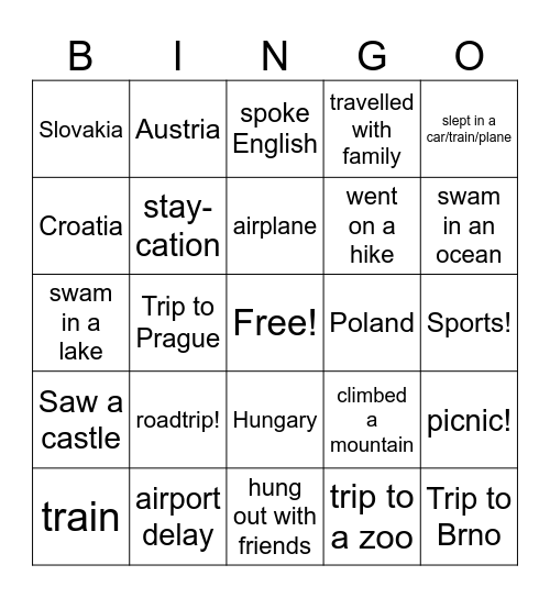 Summer Travel Bingo Card