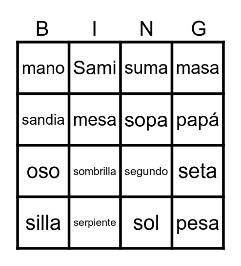 Palabras con S, M , P. Bingo Card