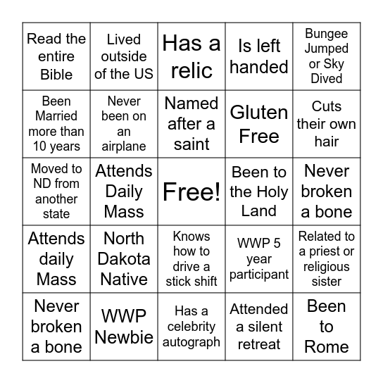 WWP Parish Program Bingo Card