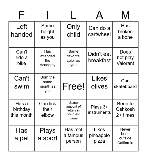 Untitled Bingo Card