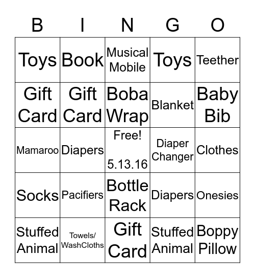 Rachael's Baby Shower Bingo Card