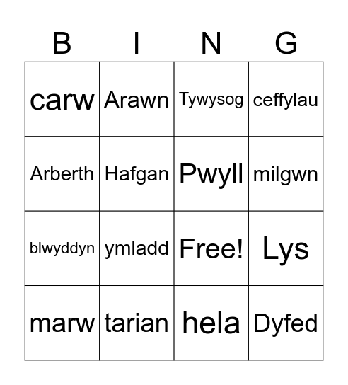 Pwyll yn Annwn Bingo Card