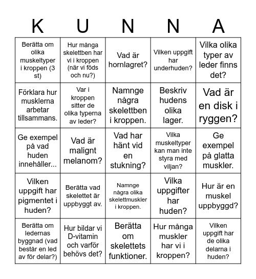 Vad kan du om skelettet, huden & musklerna? Bingo Card