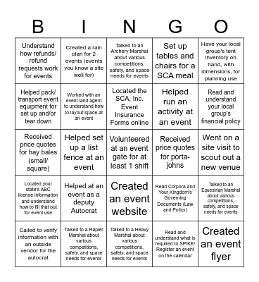 SCA Autocrat Preparation BINGO Card
