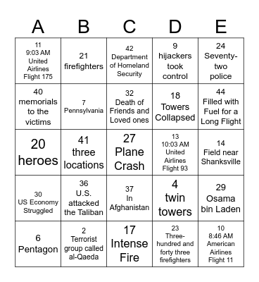 Remembering 9/11 Bingo Card