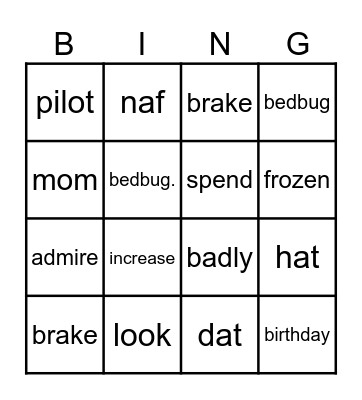 Word Reading Bingo Card
