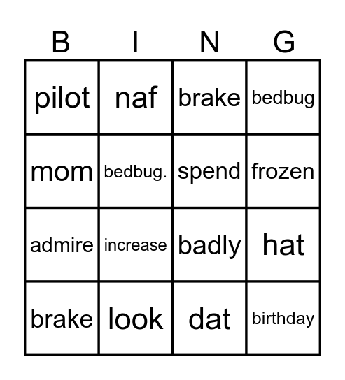 Word Reading Bingo Card