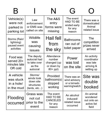 SCA Autocratting Event Misfortune BINGO Card