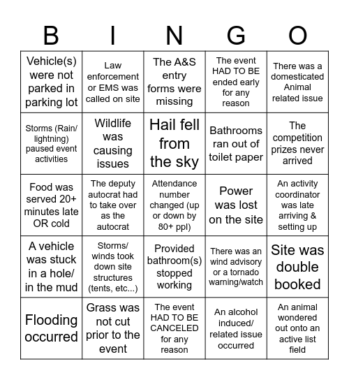 SCA Autocratting Event Misfortune BINGO Card