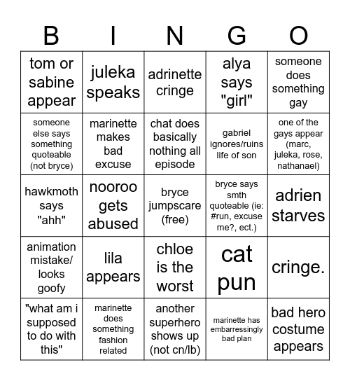 miraculous bingo 1-5 Bingo Card