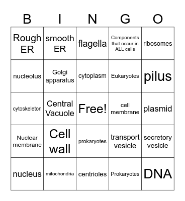 Cell Components Bingo Card