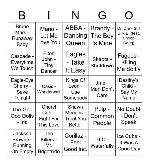 Musical Bingo Card