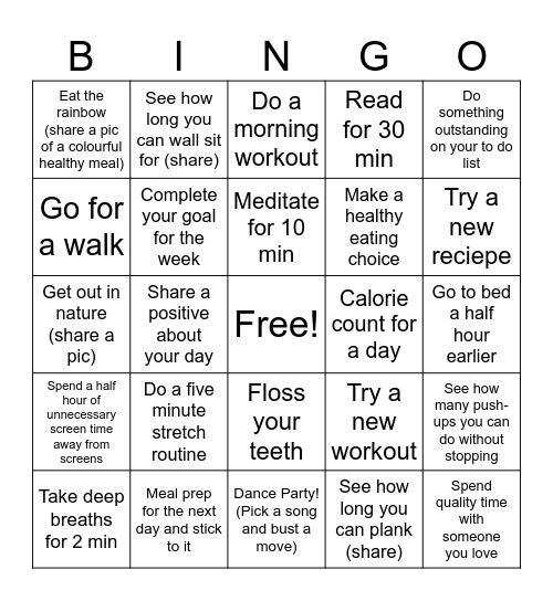 Healthy Lifestyle Bingo Card