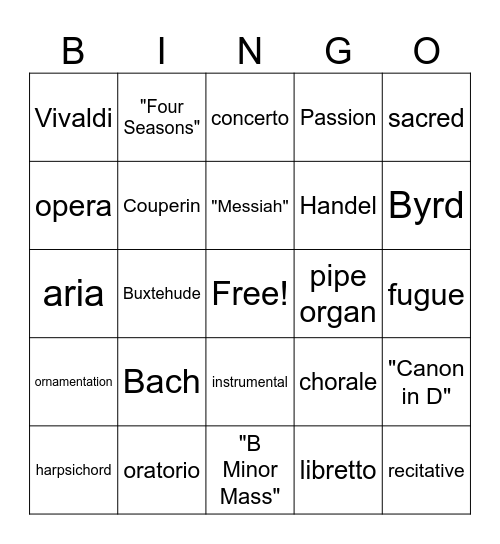 Baroque Bingo" Bingo Card