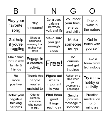 Action for Happiness Bingo Card