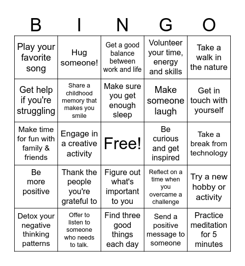 Action for Happiness Bingo Card