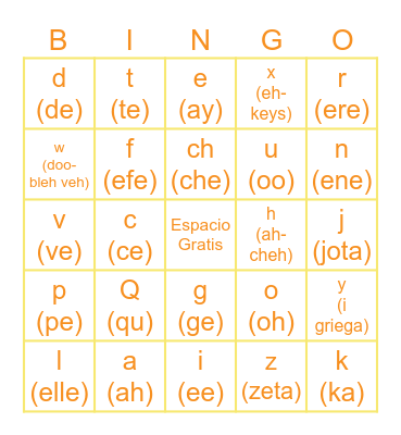 Spanish Alphabet Bingo Card