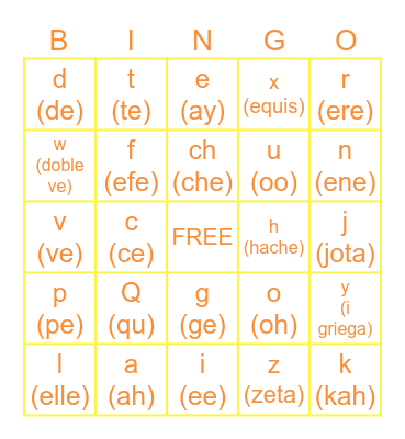 Spanish Alphabet Bingo Card