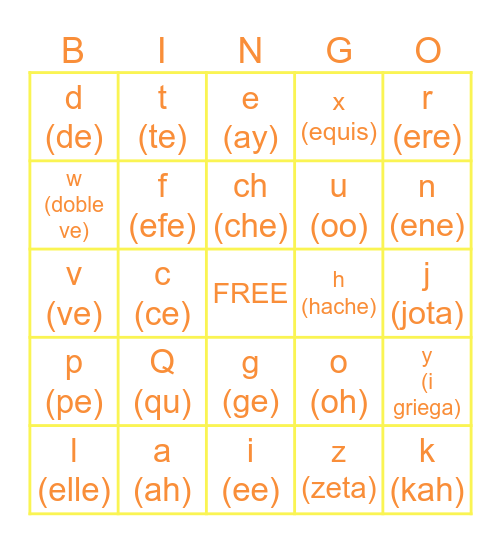 Spanish Alphabet Bingo Card