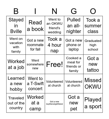 My Summer Bingo Card