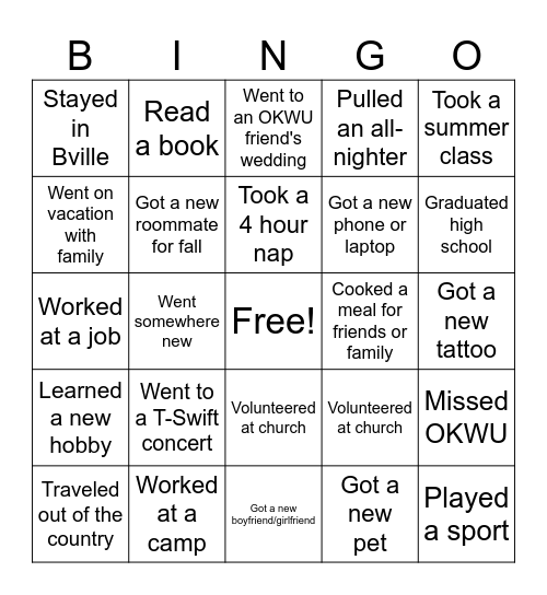 My Summer Bingo Card