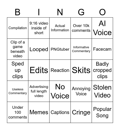 Shorts Bingo Card