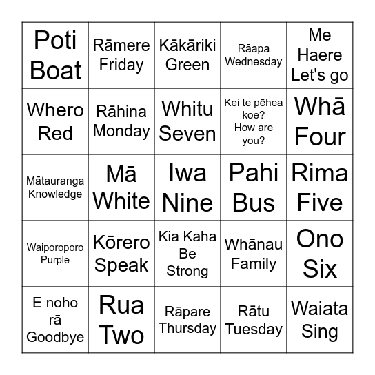 Wharewhare! Bingo Card