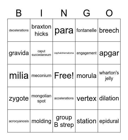 Maternal Newborn Terms Bingo Card