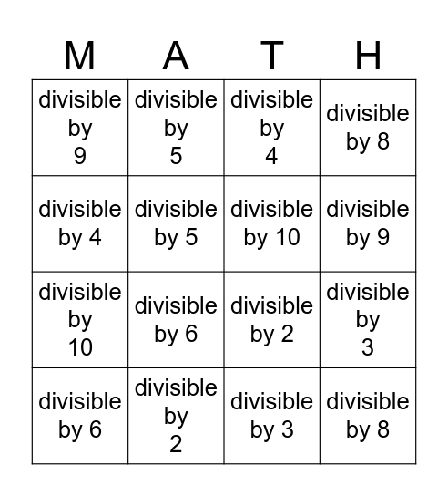 Divisibility Bingo Card