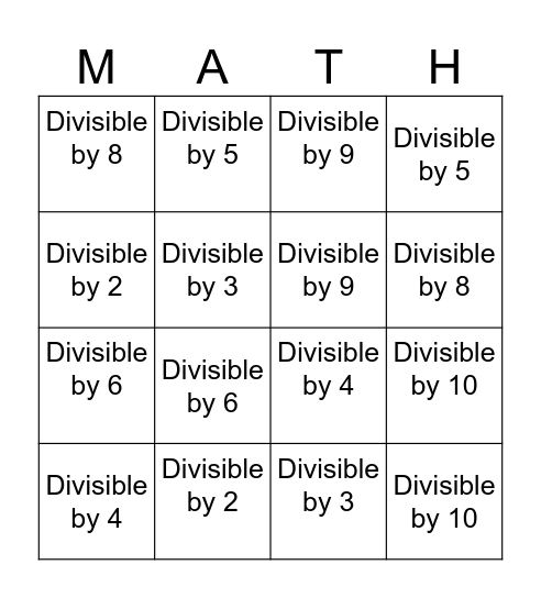 Divisibility Rules BINGO Card