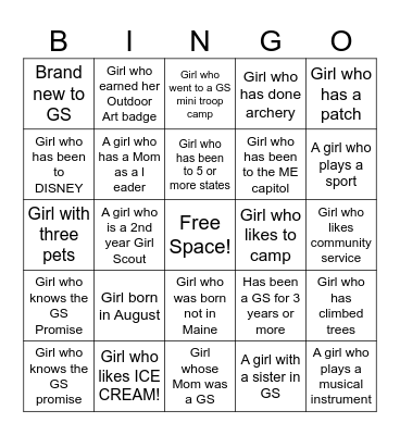 Girl Scout (GS) get to know you BINGO Card