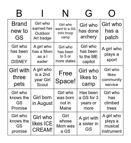 Girl Scout (GS) get to know you BINGO Card