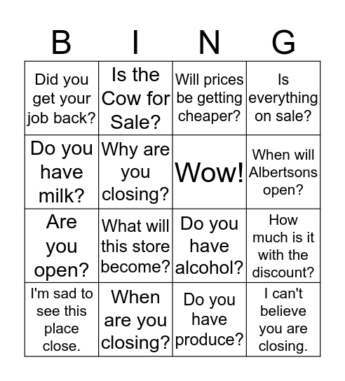 Grocery-Store Closing Bingo Beta Bingo Card