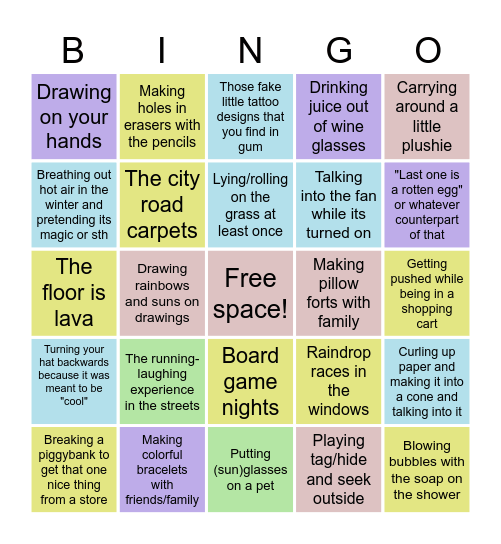 The childhood bingo. Bingo Card