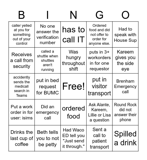 2nd Shift Bingo Card