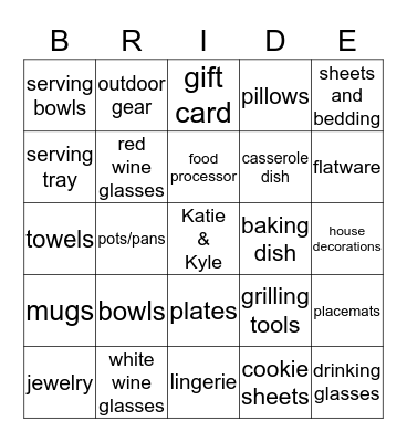 Katie's Bridal Bingo Card