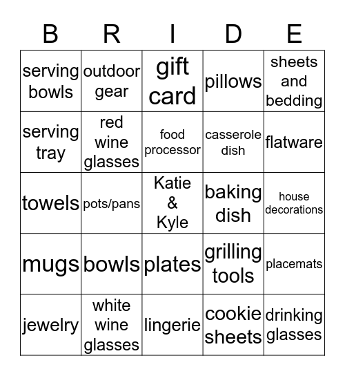 Katie's Bridal Bingo Card
