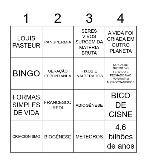 BINGO - ORIGEM DA VIDA Bingo Card