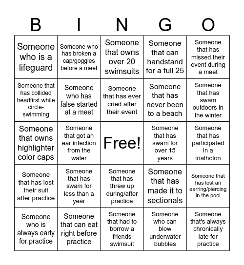 Swim-Go Bingo Card