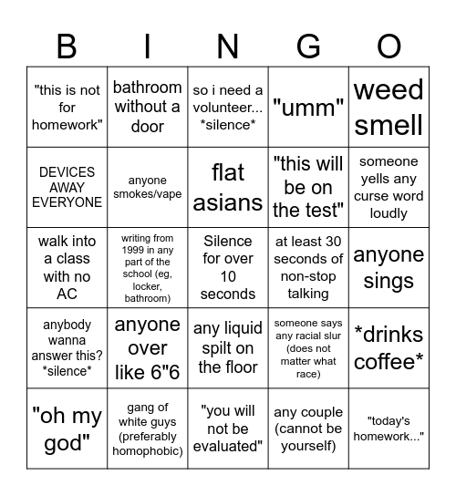 average hs experience (sad 9/11) Bingo Card