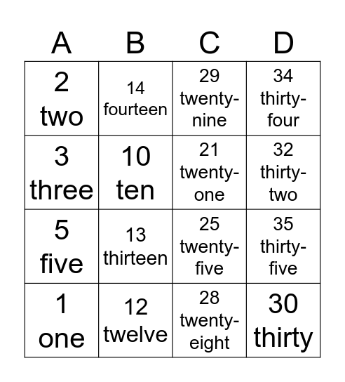 Number from 0 - 39 Bingo Card