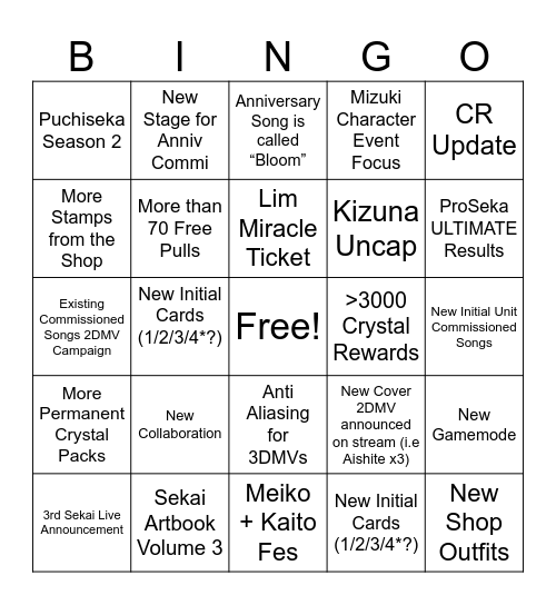 Project Sekai 3rd Anniversary Bingo Card Bingo Card