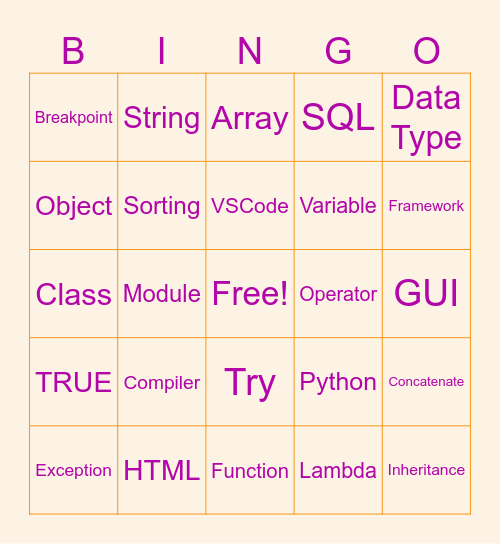 amaysim tech programming bingo Card