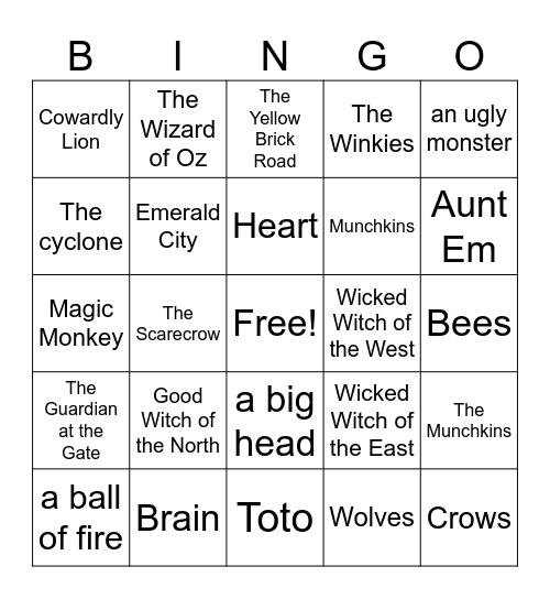 Wizard of OZ Bingo Card