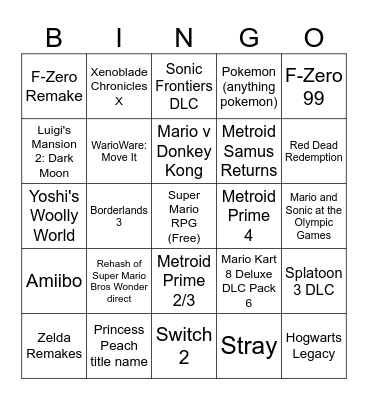 Nintendo Direct Bingo Card