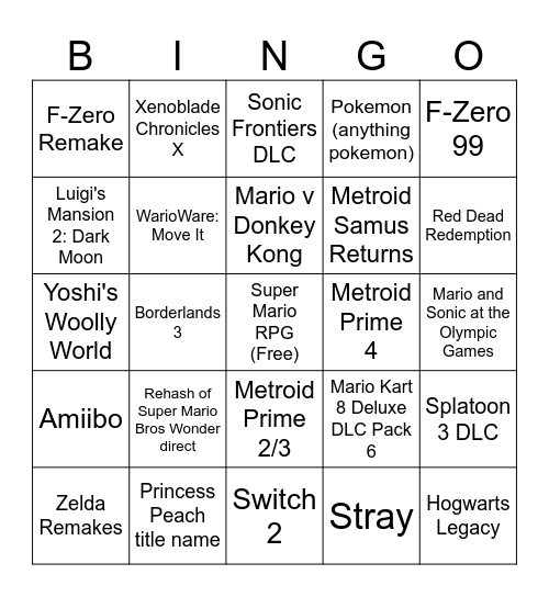 Nintendo Direct Bingo Card