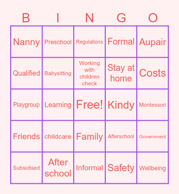 Childcare in Australia Bingo Card