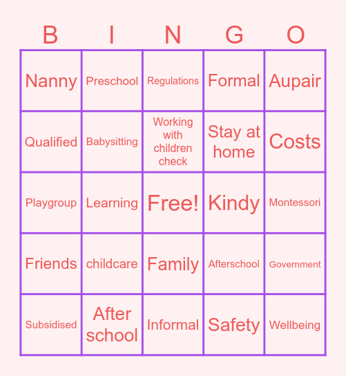 Childcare in Australia Bingo Card