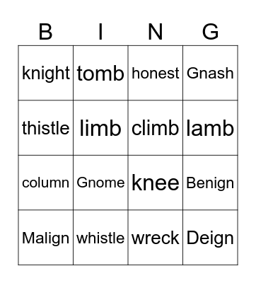 Words with silent letters Bingo Card