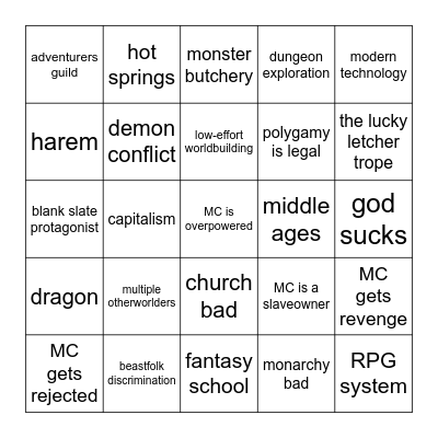 Isekai Bingo Card